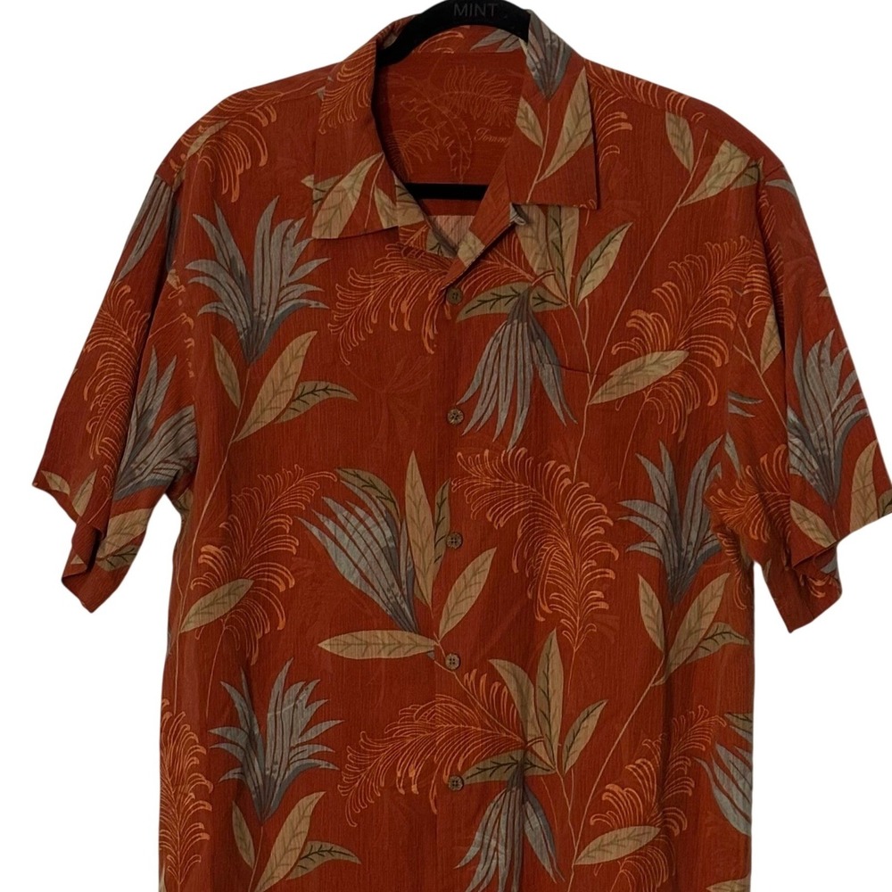 Tommy Bahama Mens Medium 100% Silk Tropical Leaf Camp Shirt Burnt Orange Rust